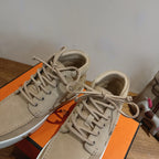Hermes unisex suede sneakers, beige lace-up with stitched side panel detail