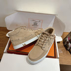 Hermes unisex suede sneakers, beige with H emblem and white rubber sole