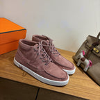 Hermes unisex high-top lace-up sneakers, mauve suede and white rubber outsole
