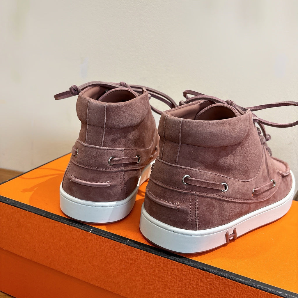 Hermes unisex suede high-top sneakers, mauve with rear pull tab and white sole