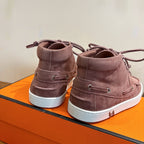 Hermes unisex suede high-top sneakers, mauve with rear pull tab and white sole