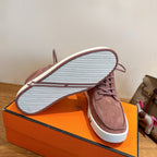 Hermes unisex lace-up sneaker outsole, mauve upper with white ribbed sole