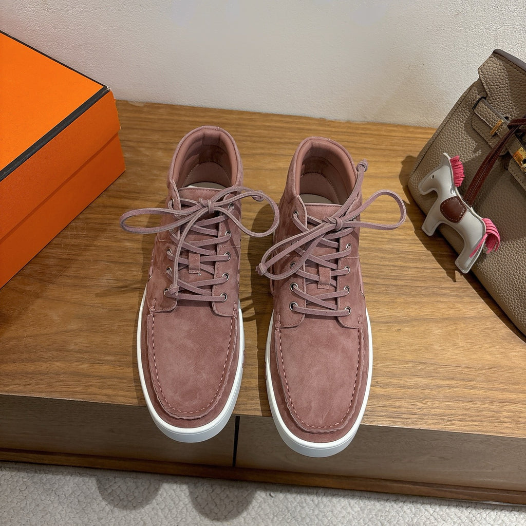 Pair of Hermes unisex lace-up sneakers, mauve suede with white rubber soles