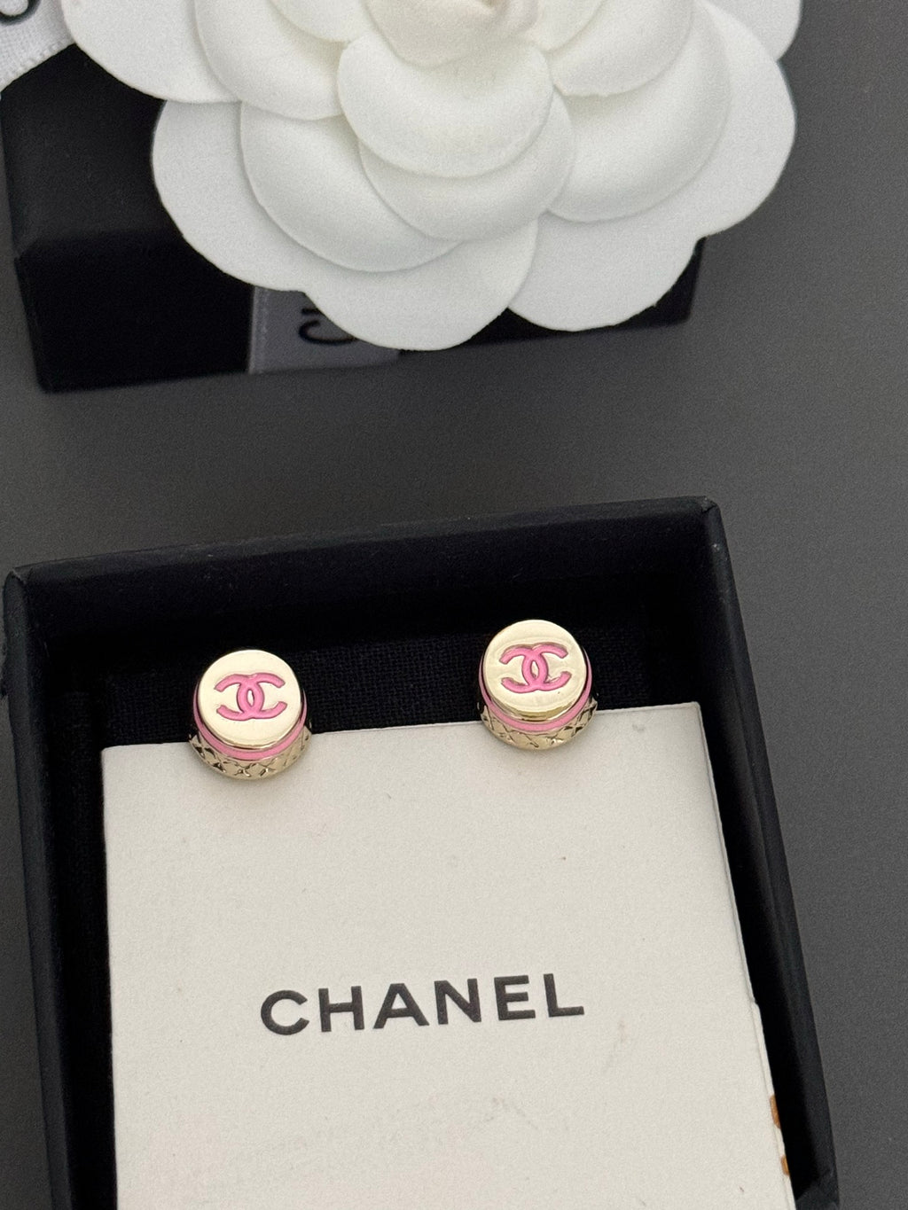 Chanel CC stud earrings with pink and gold enamel, round settings
