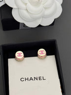 Chanel CC stud earrings with pink and gold enamel, round settings