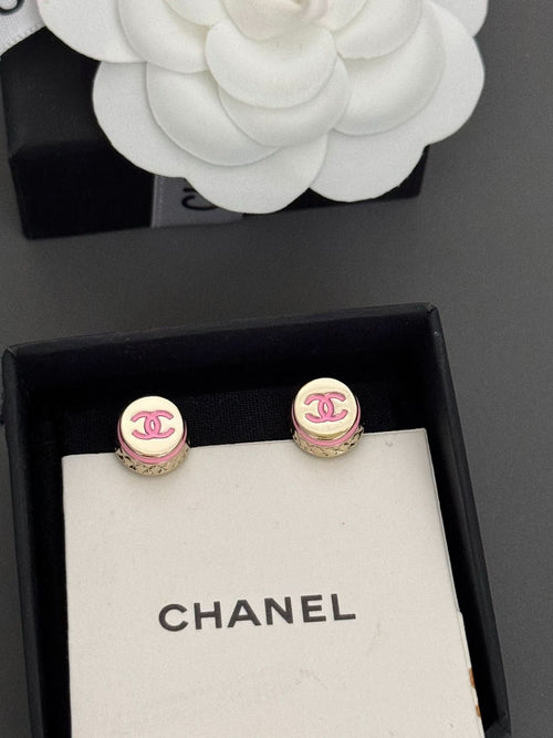 Chanel CC stud earrings with pink and gold enamel, round settings