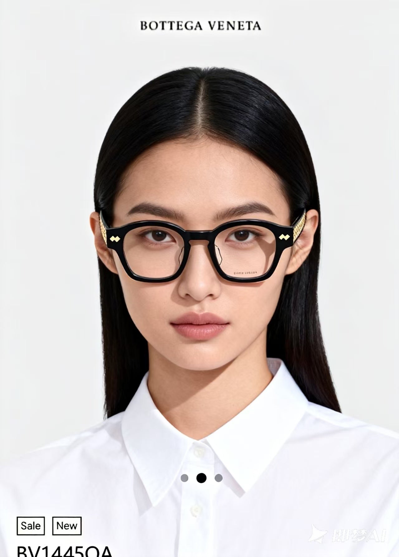 Black eyeglasses on a model with white button-up shirt