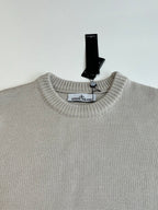 Crew-neck knit sweater with Stone Island label at neckline, light gray
