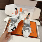 Hermes unisex sneakers, white knit with gray laces, orange trim, checkered side panel
