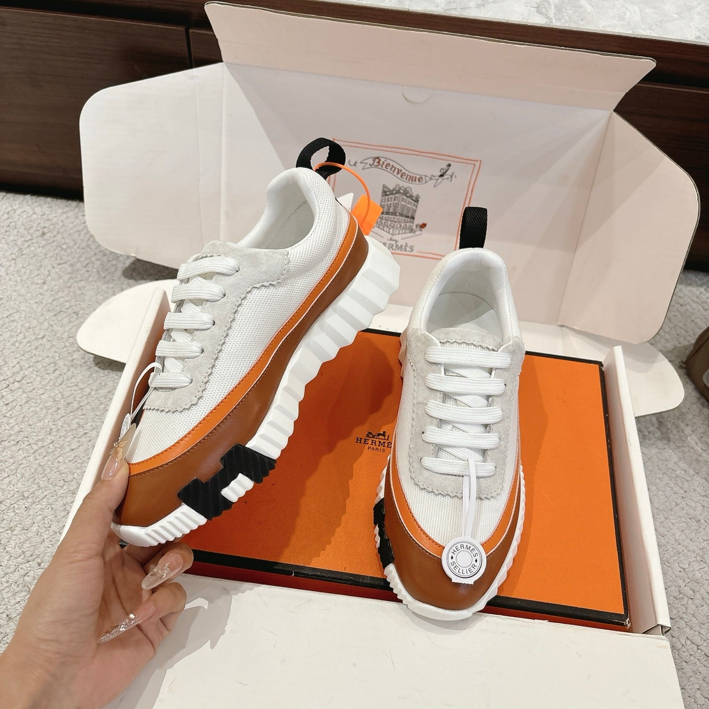 Hermes unisex luxury shoes, white upper with brown side stripe, thick white sole