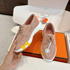 Beige Hermes unisex lace-up shoes with multicolor cushioned ridged sole