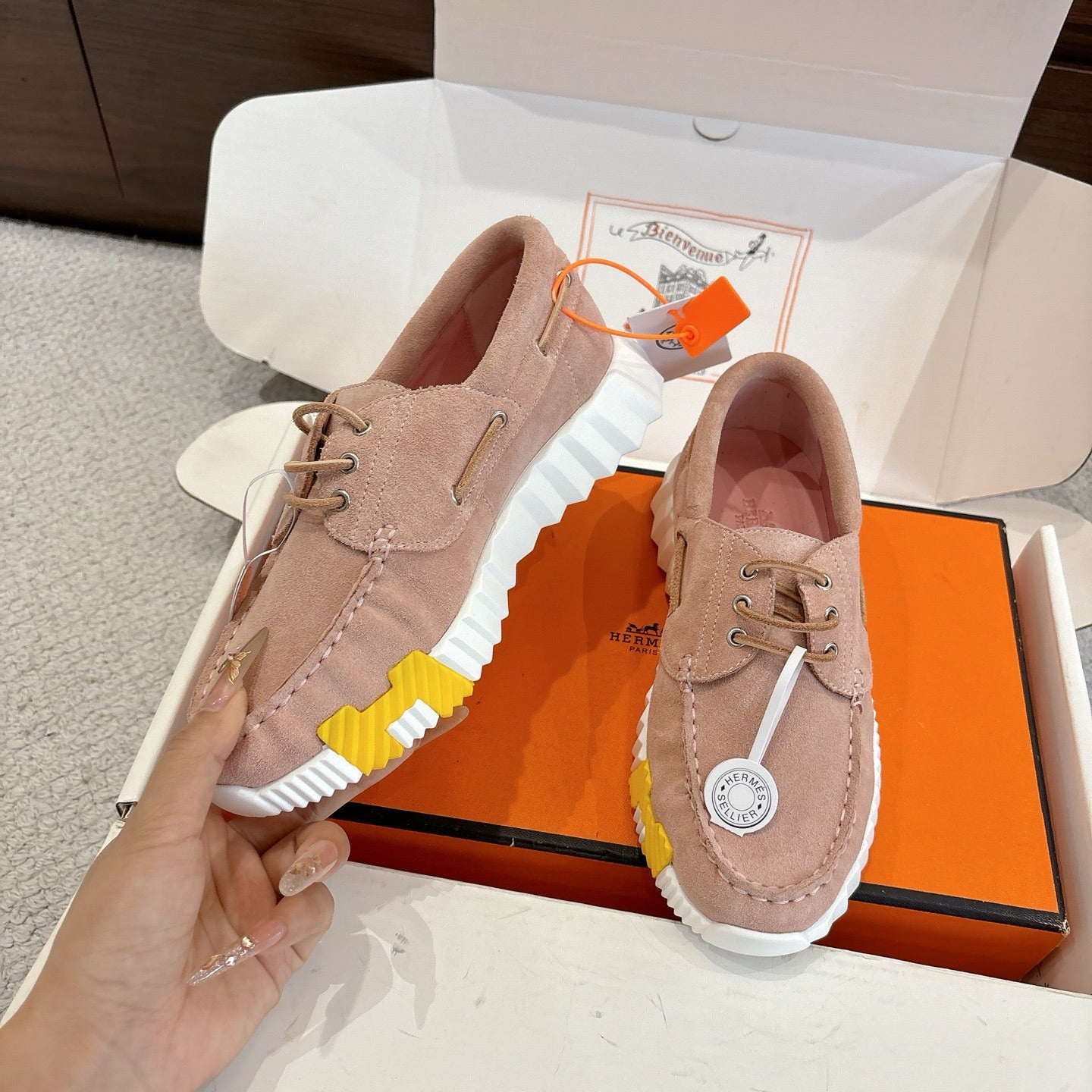 Beige Hermes unisex lace-up shoes with multicolor cushioned ridged sole