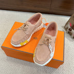 Hermes unisex suede lace-up shoes in beige with chunky multicolor sole