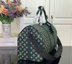 Louis Vuitton green monogram duffel bag side view with crossbody strap