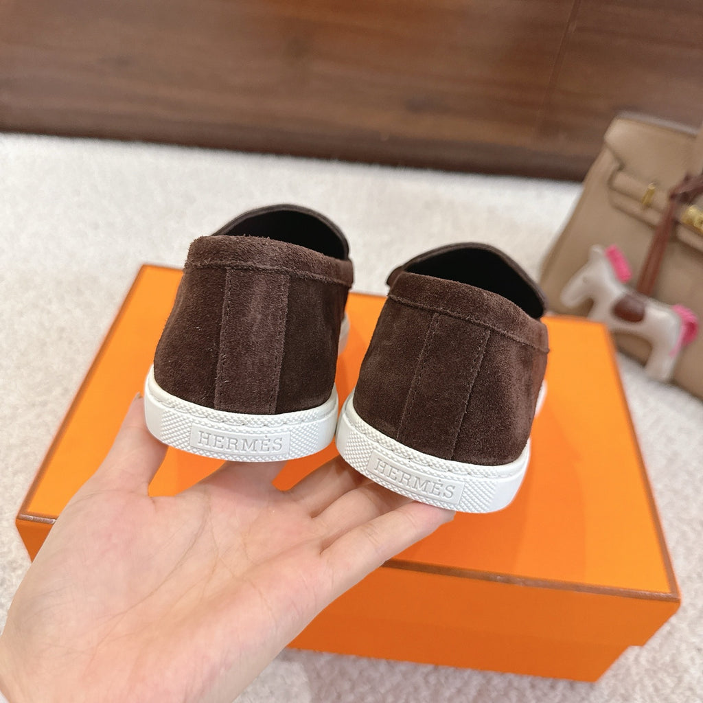 Hermes unisex suede loafers, dark brown backs with white rubber heel trim