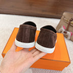 Hermes unisex suede loafers, dark brown backs with white rubber heel trim