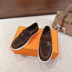 Hermes unisex suede loafers, dark brown with metal buckle strap and white rubber sole