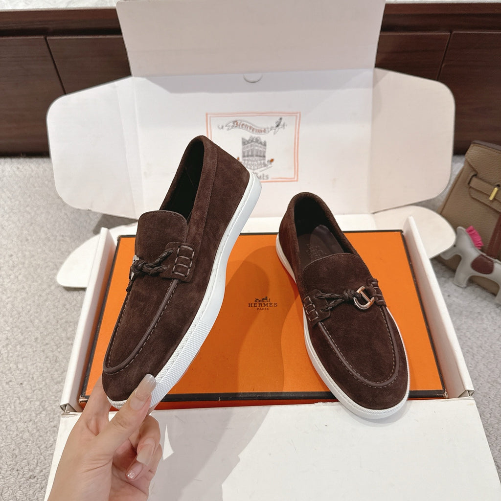 Hermes unisex suede loafers, dark brown with metal bit buckle and white sole