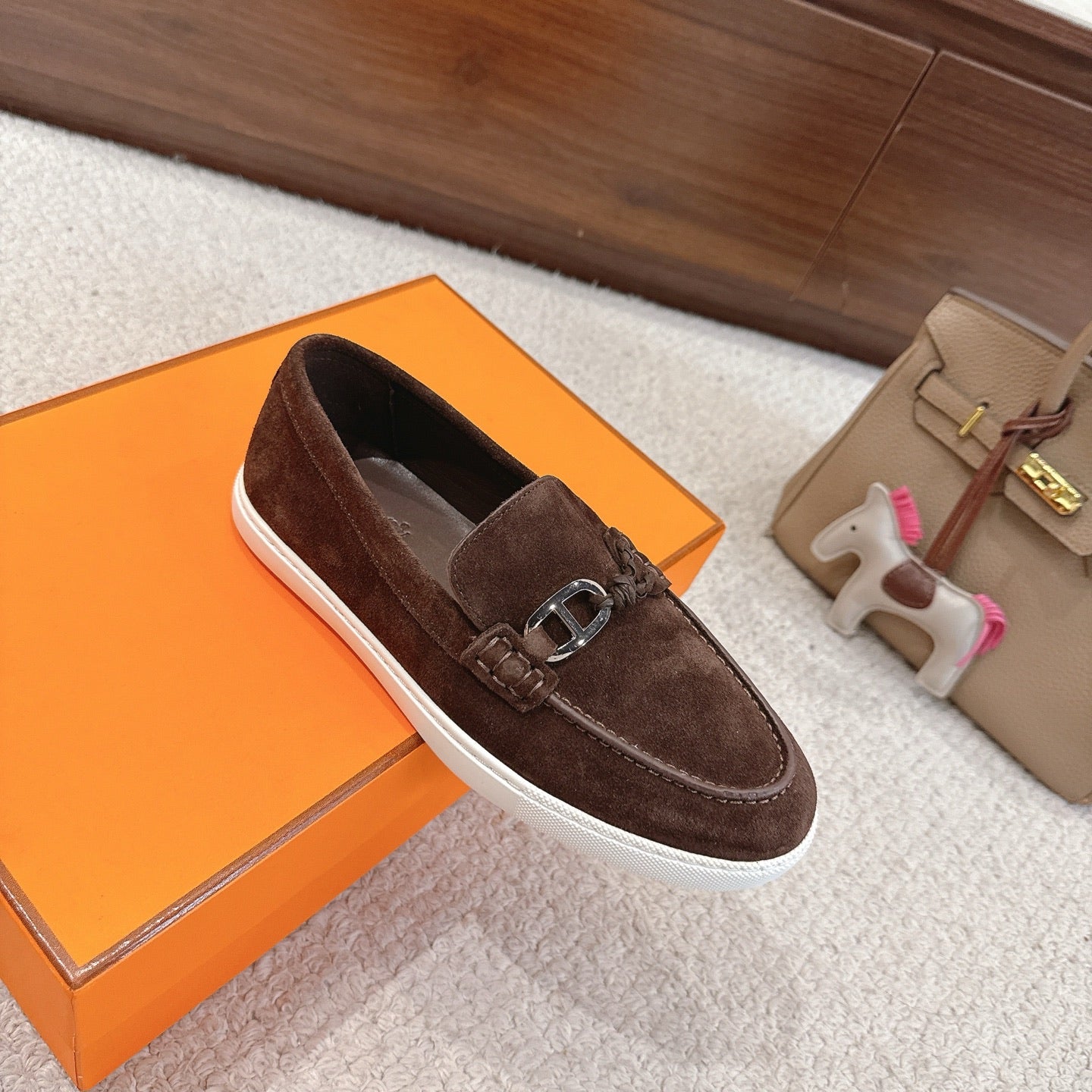 Hermes unisex suede loafer, dark brown with metal buckle, braided laces, white sole