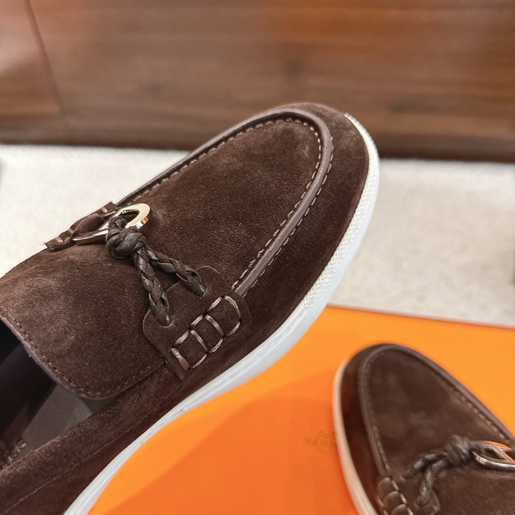 Hermes unisex suede loafer toe, dark brown with braided lacing and metal bit