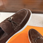 Hermes unisex suede loafer toe, dark brown with braided lacing and metal bit