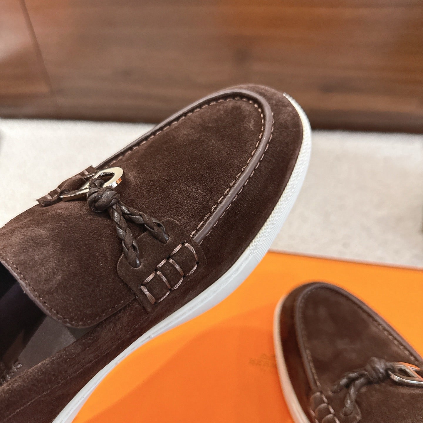 Hermes unisex suede loafer toe, dark brown with braided lacing and metal bit