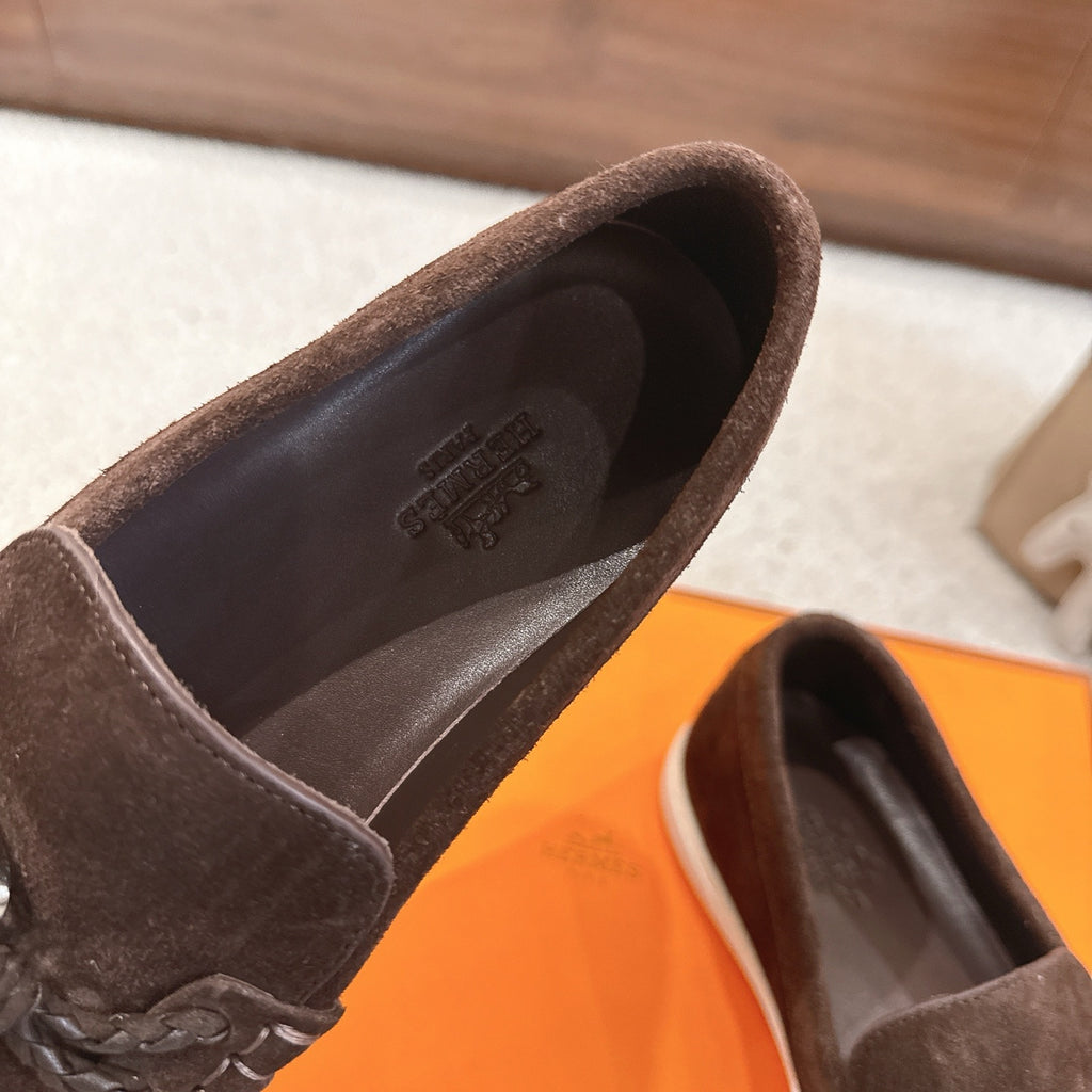 Hermes unisex suede loafer heel, dark brown with embossed logo on lining; white sole