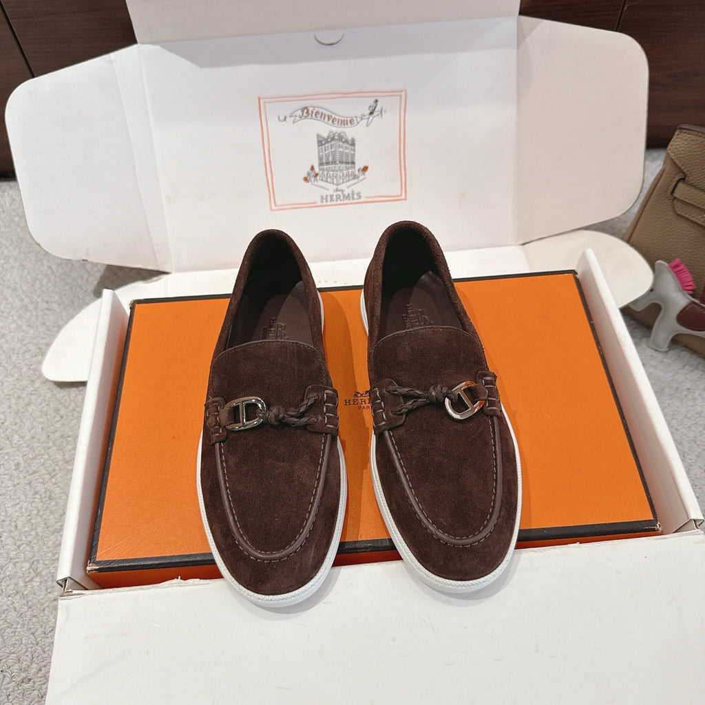 Hermes unisex suede loafers, dark brown with silver buckle and white rubber sole