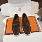 Hermes unisex suede loafers, dark brown with silver buckle and white rubber sole
