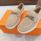 Hermes unisex suede loafers, beige, metal bit ornament with braided cords, white sole