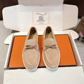 Hermes unisex suede loafers, beige with metal bit detail and braided knots, white sole
