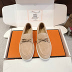 Hermes unisex suede loafers, beige with metal bit detail and braided knots, white sole