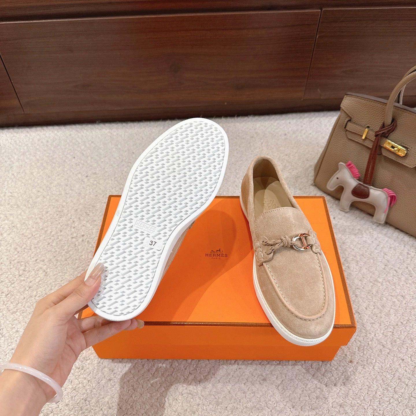 Hermes unisex loafers, beige upper with metal bit, white textured outsole