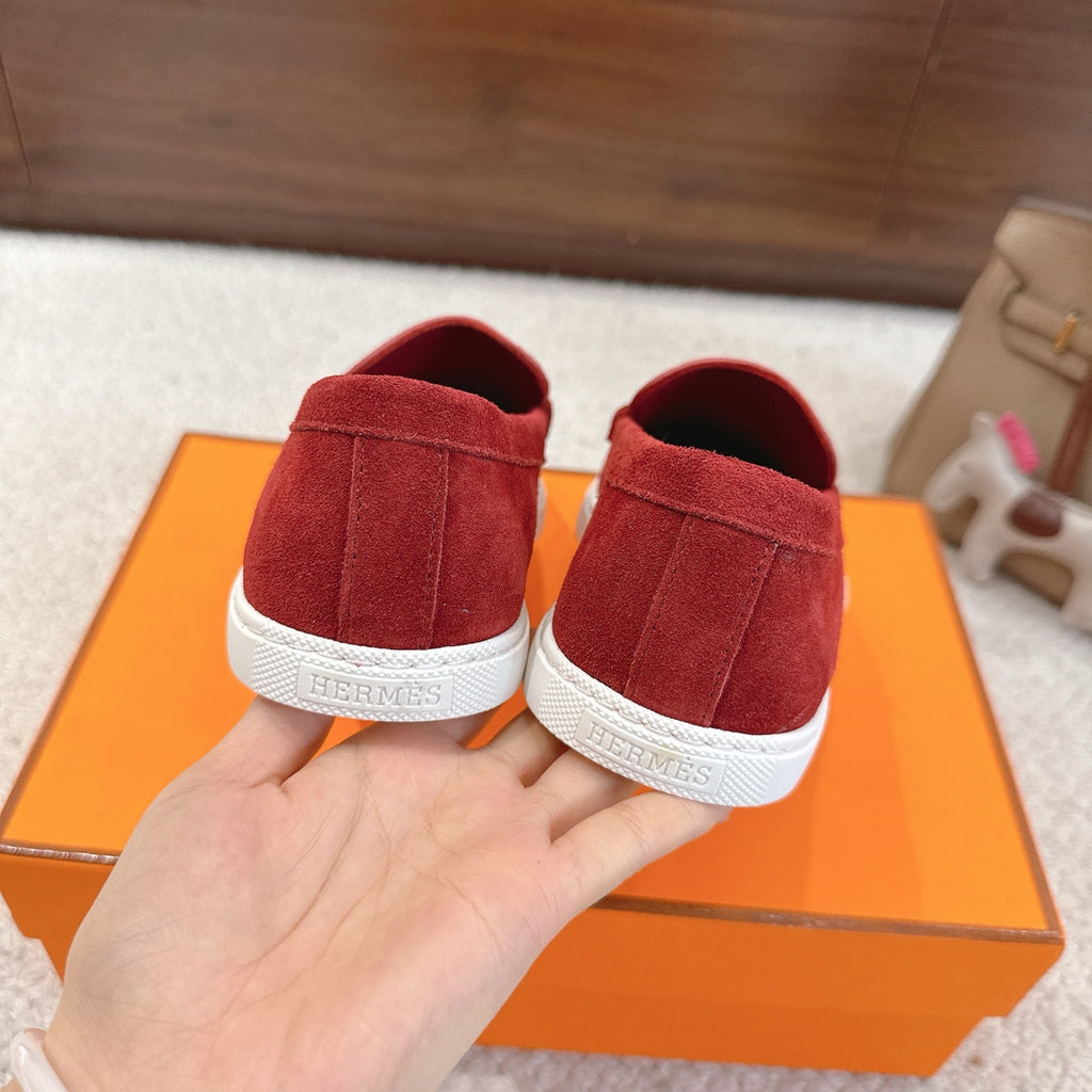 Hermes unisex red suede loafers with white heel band and metal H bit