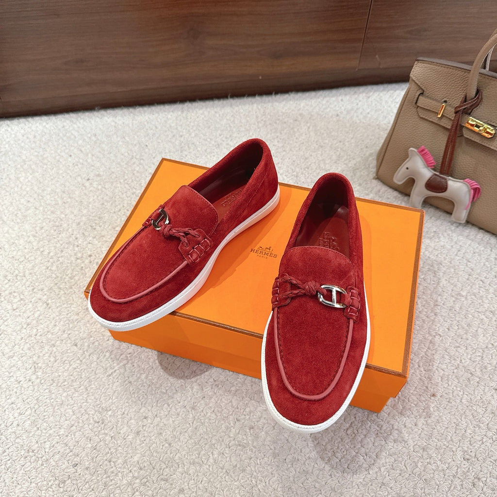 Hermes unisex suede loafers in red, braided moccasin top with metal H bit and white sole