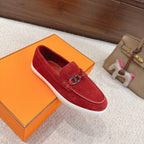 Hermes unisex red suede loafers with metal H bit and white rubber sole