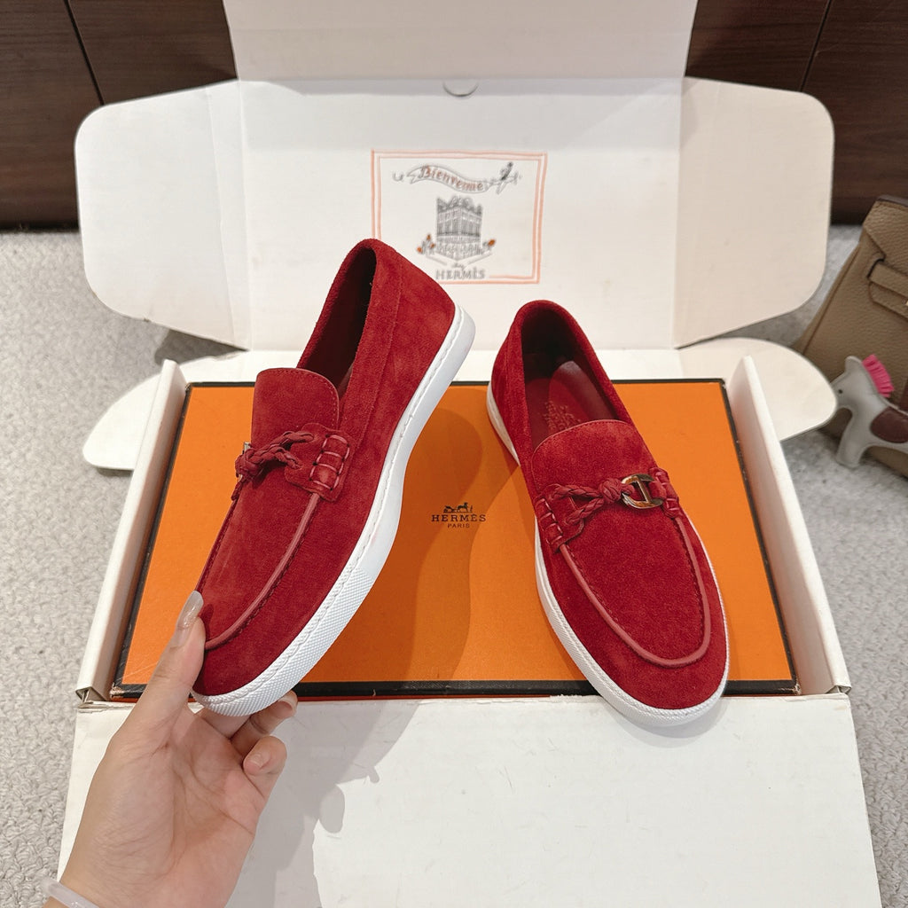 Hermes unisex suede loafers, red slip-on style with metal H bit and white sole