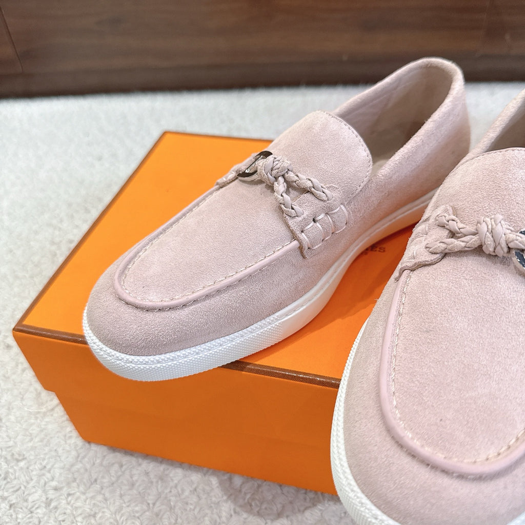 Hermes unisex light pink suede loafers, braided detail with silver-toned horsebit at vamp.