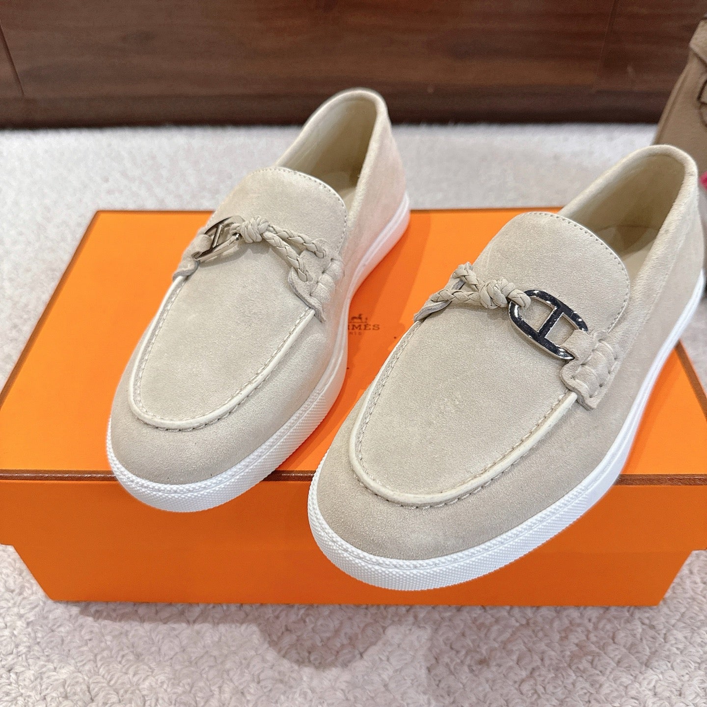 Hermes unisex shoes, light beige suede loafers with metal bit clasp front