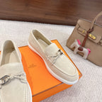 Hermes unisex shoes, light beige suede loafer with knotted lace and metal detail