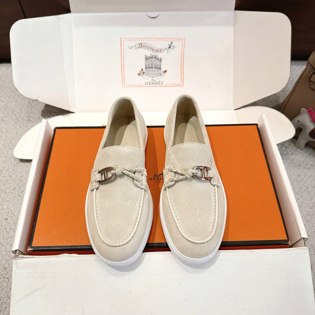 Hermes unisex shoes, light beige suede loafer with metal bit detail