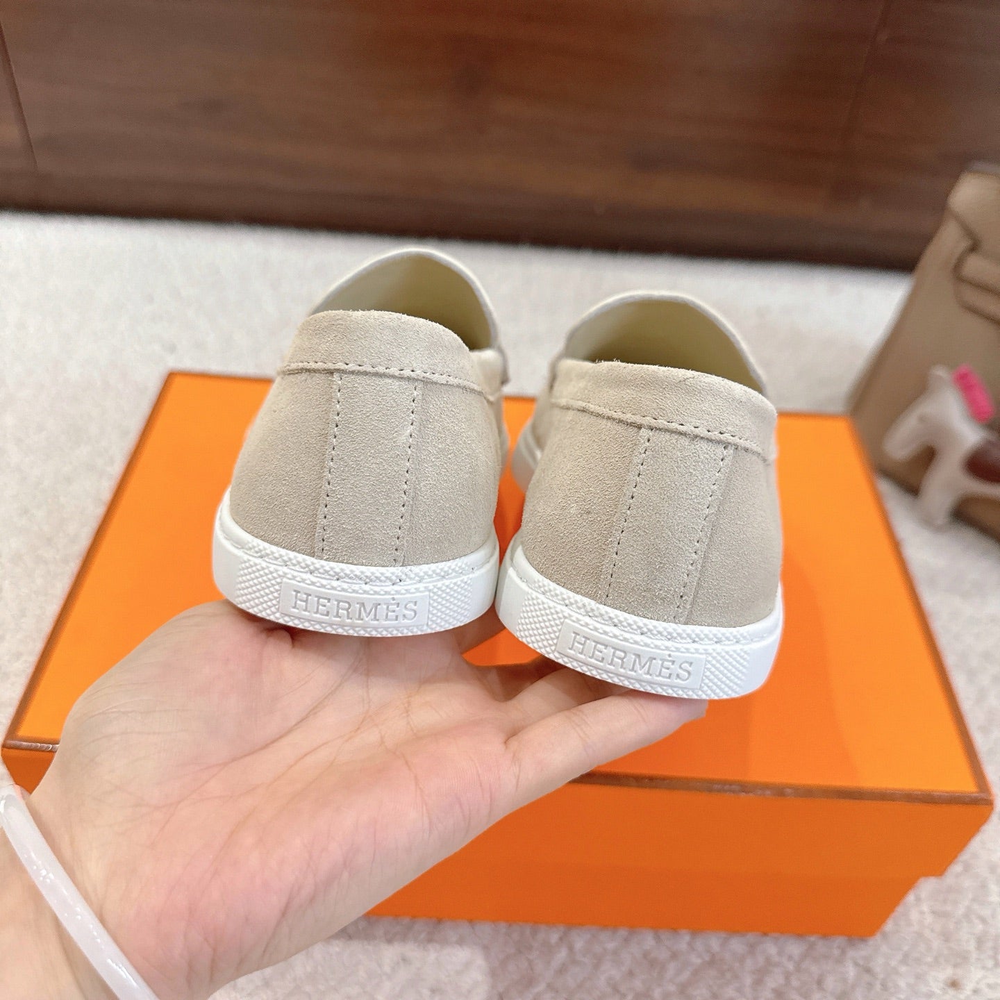 Hermes unisex shoes, light beige suede loafers with heel logo tag