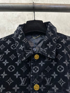Long jacket collar and button placket close-up with dark monogram pattern