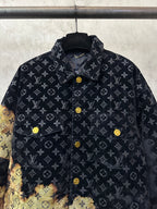 Long jacket front view with dark monogram pattern and gold-button placket