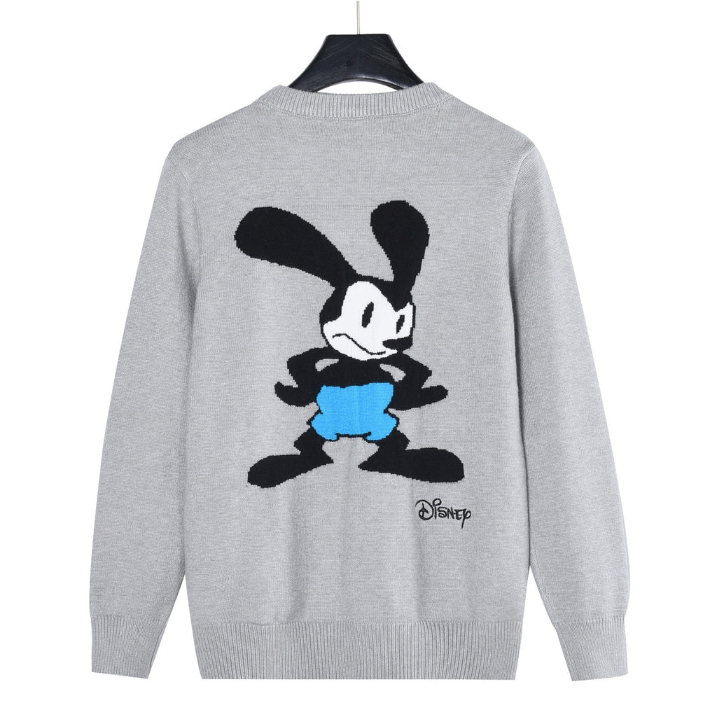 Grey knit crewneck sweater with back Mickey Mouse graphic in black and blue