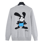 Grey knit crewneck sweater with back Mickey Mouse graphic in black and blue
