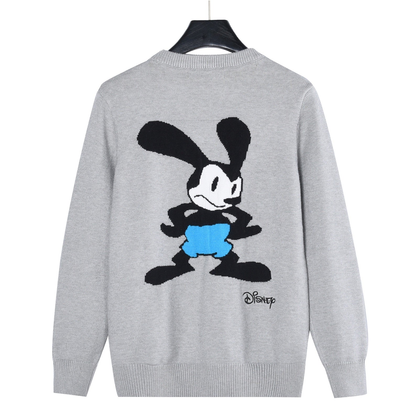 Grey knit crewneck sweater with back Mickey Mouse graphic in black and blue