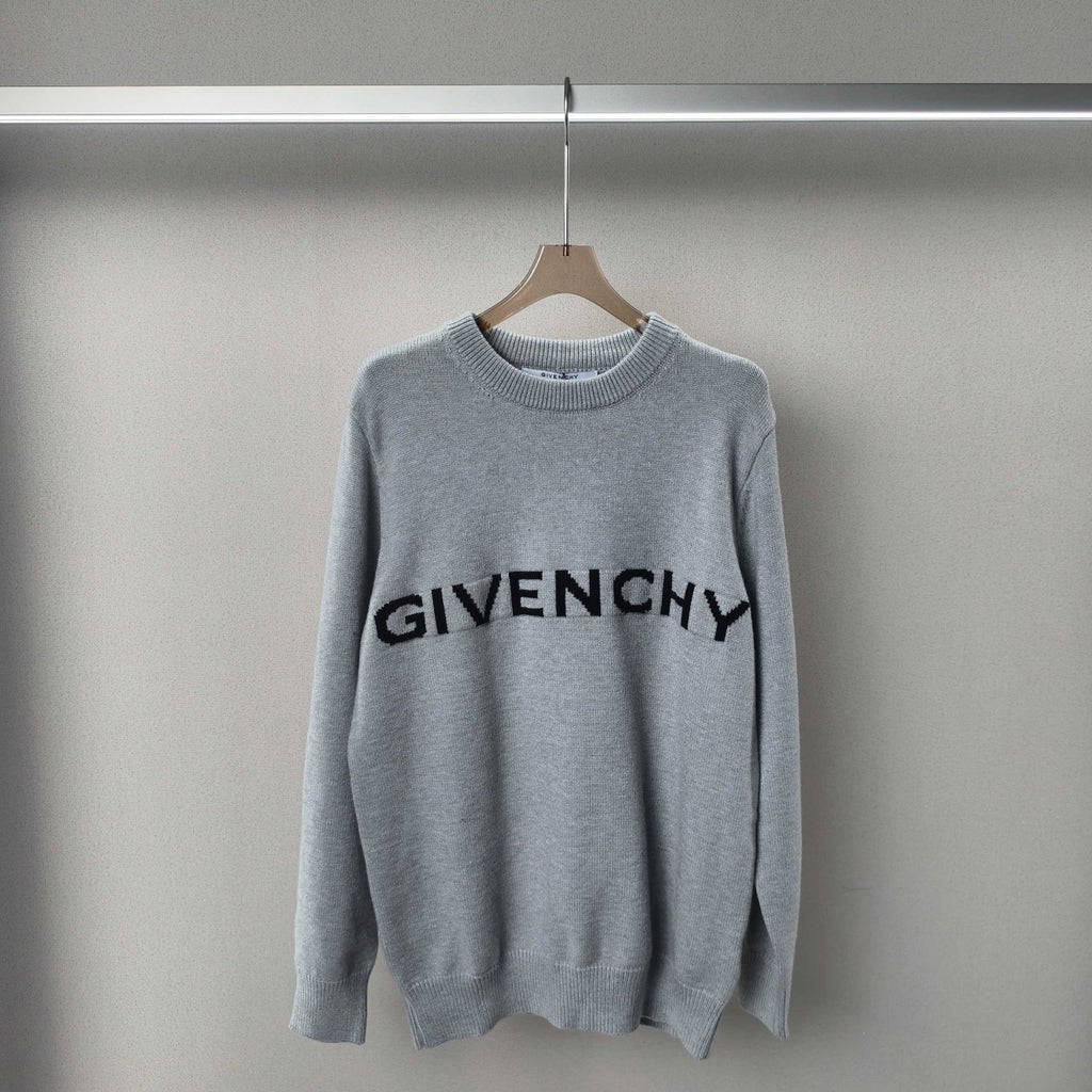 Light grey knit crewneck sweater with black GIVENCHY logo on chest
