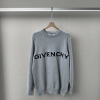 Light grey knit crewneck sweater with black GIVENCHY logo on chest