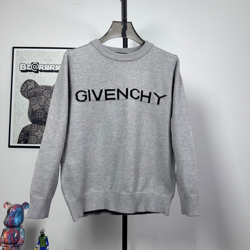 Grey knit crewneck sweater with bold black GIVENCHY logo on front
